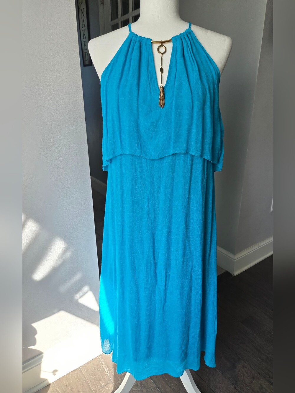 Mlle Gabrielle Turquoise Blue Layered Halter Dress w/Gold Tassel Neckline Sz S